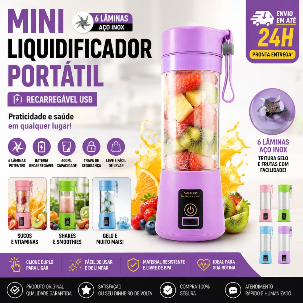 Mini Liquidificador Portátil Usb Juice Cap Take Shake 6 Lâminas Recarregavel