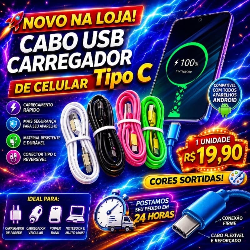 Cabo USB De Carregamento Rapido Revestimento Emborrachado Entrada TIPO-C - ENVIO EM 24 HORAS🚚