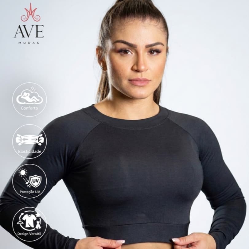 Cropped Manga Longa Academia Suplex Feminino Fitness Plus Size