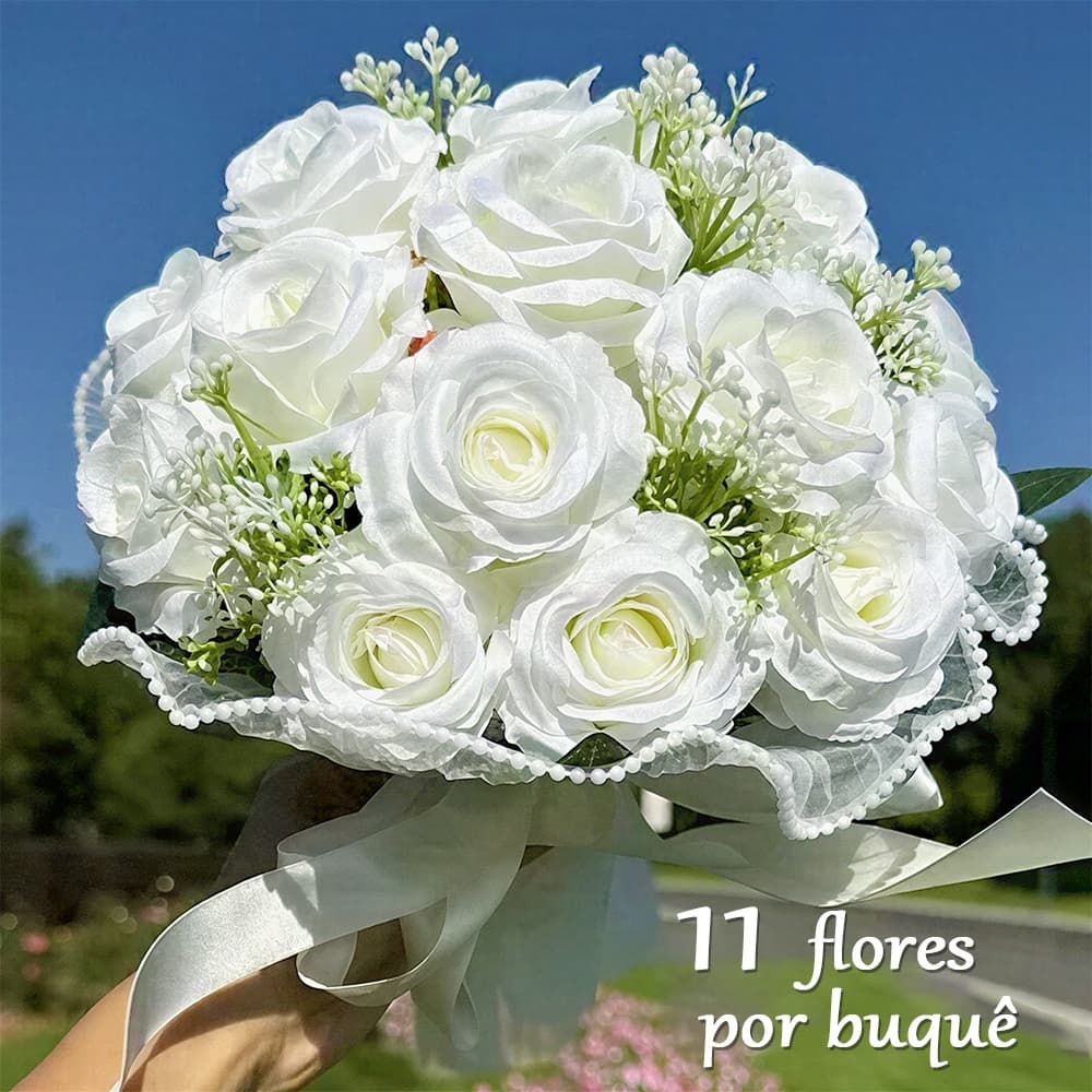 Buquê De Noiva Flores Artificiais Detalhe Em Pérolas Rosas Brancas Adequado Para Casamentos