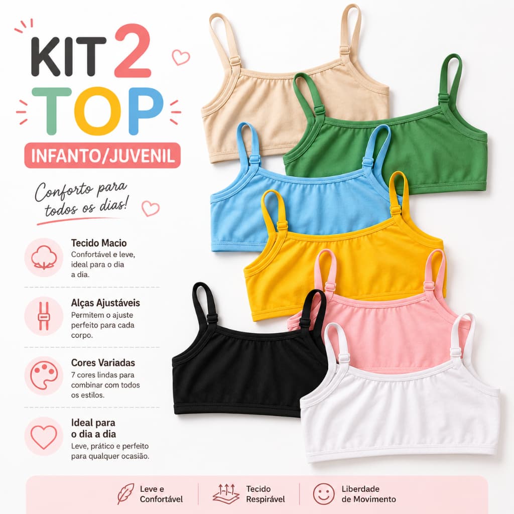 Kit 2 Sutia Infantil Juvenil Algodão Cotton Liso Alta Qualidade Conforto Top Dia a Dia Menina Moça