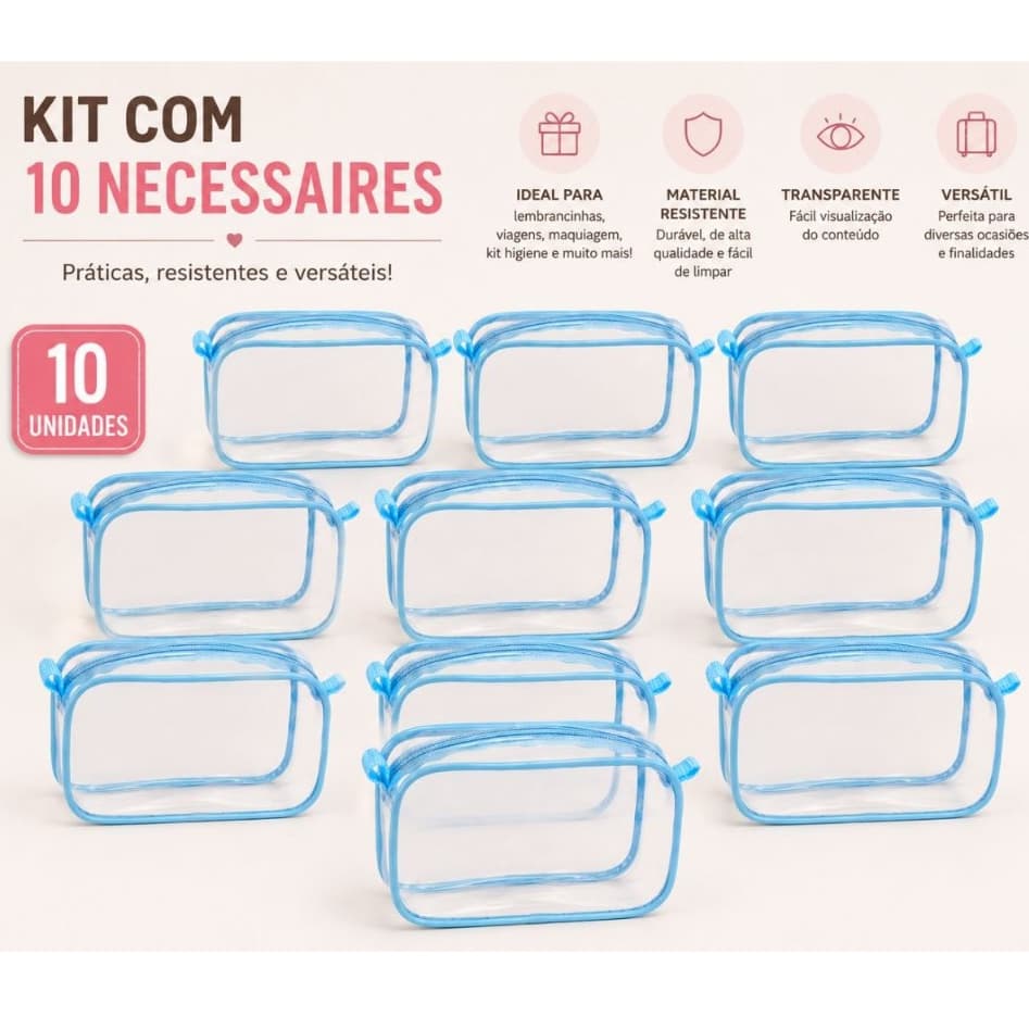 kit 10 Necessaire transparente tipo cristal organizadora de maquiagem/viagens