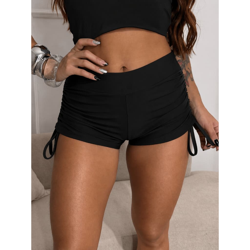 Short Malha Leve Moda Feminina Amarração Lateral Shorts Biquini Praia Sem Transparencia Moda Fitnis