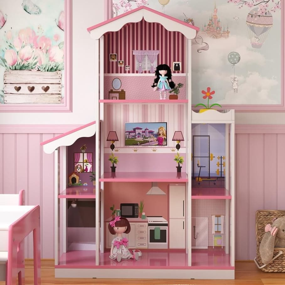 Mega Casa de Boneca Sonho 8 Cômodos MDF Rosa Branco para Barbie Bonecas Ofertamo
