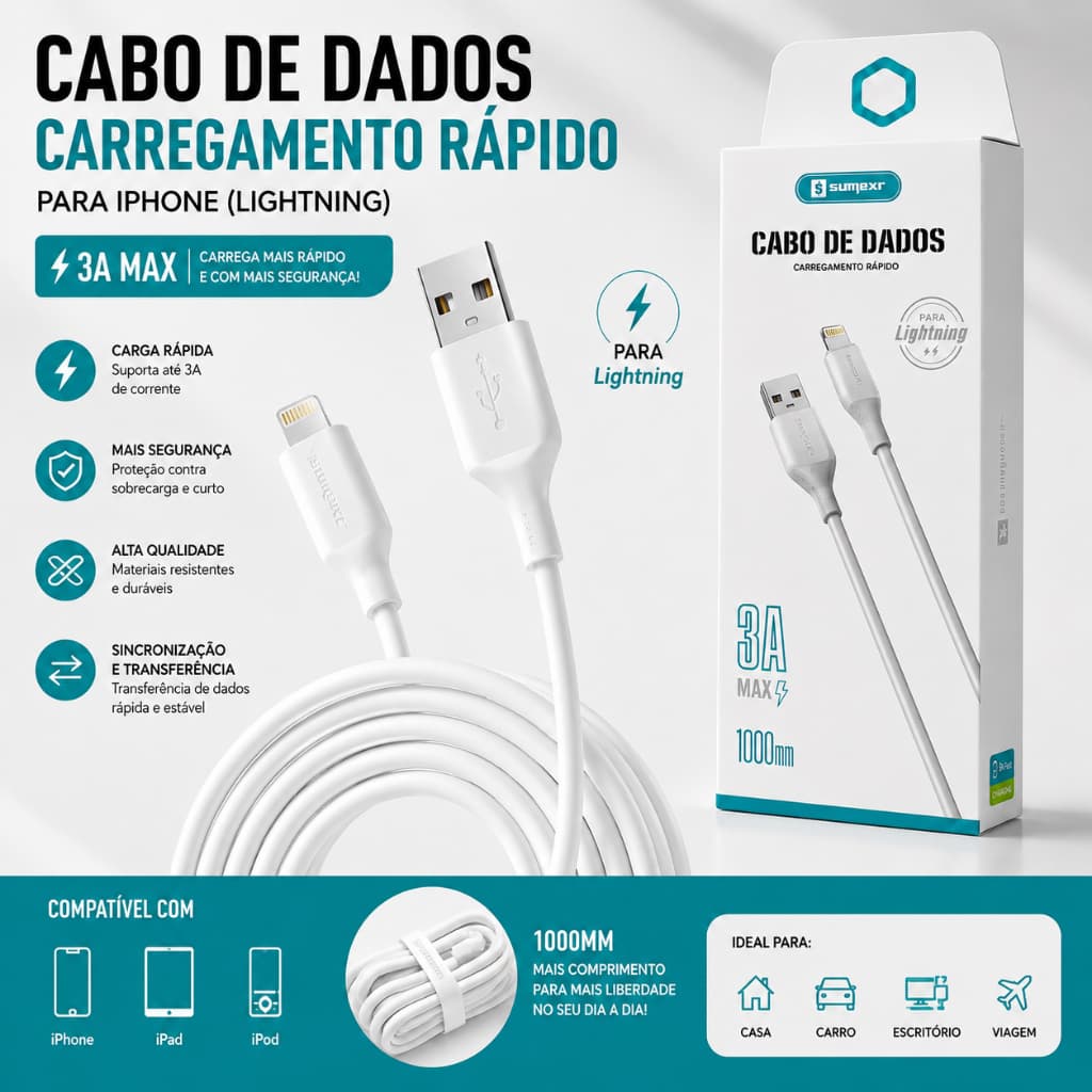 Cabo Lightning para iPhone 1m Carregamento Rápido 3A USB Dados e Carga Branco Turbo Max