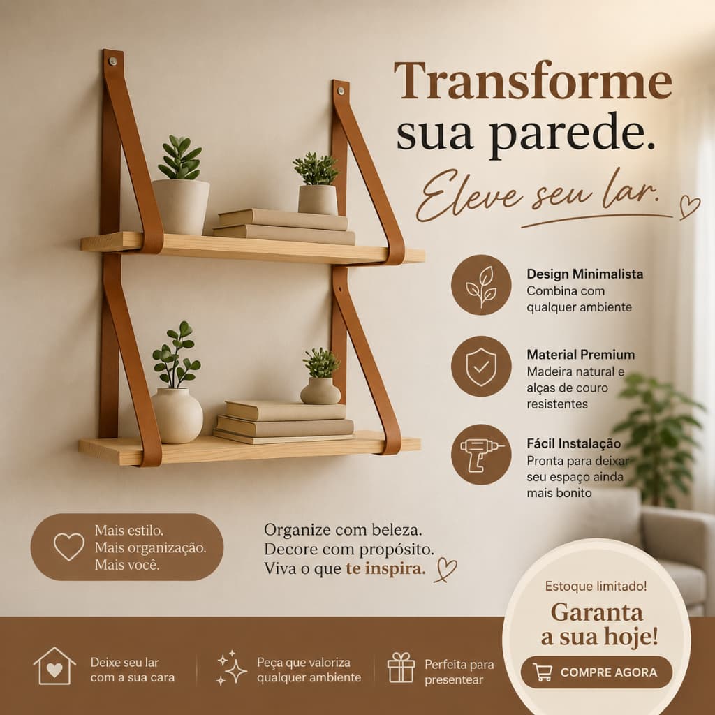 Kit 2 Prateleiras em pinus e alças de couro