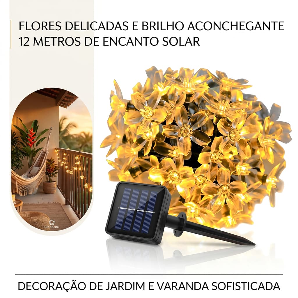Cordão de Flores de cerejeira Luz Led Solares 12m100leds Pisca Pisca Decorativo Jardim Natal e Festa
