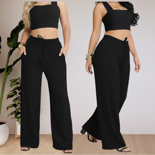 Calça Pantalona Feminina Cintura Alta Com Bolso Tecido Duna