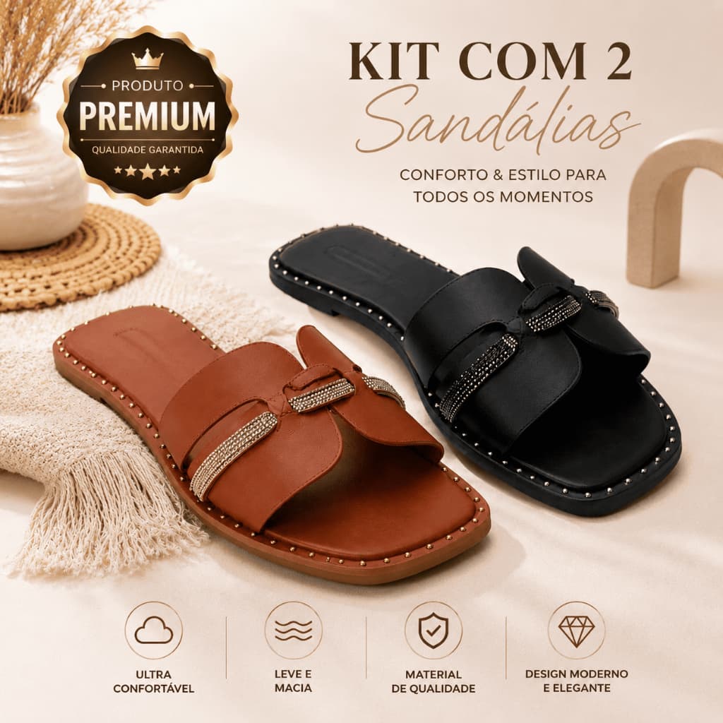 Kit 2 Sandálias Rasteiras Femininas Strass Tachas Trançada Confortável Casual Moderna Dia a Dia