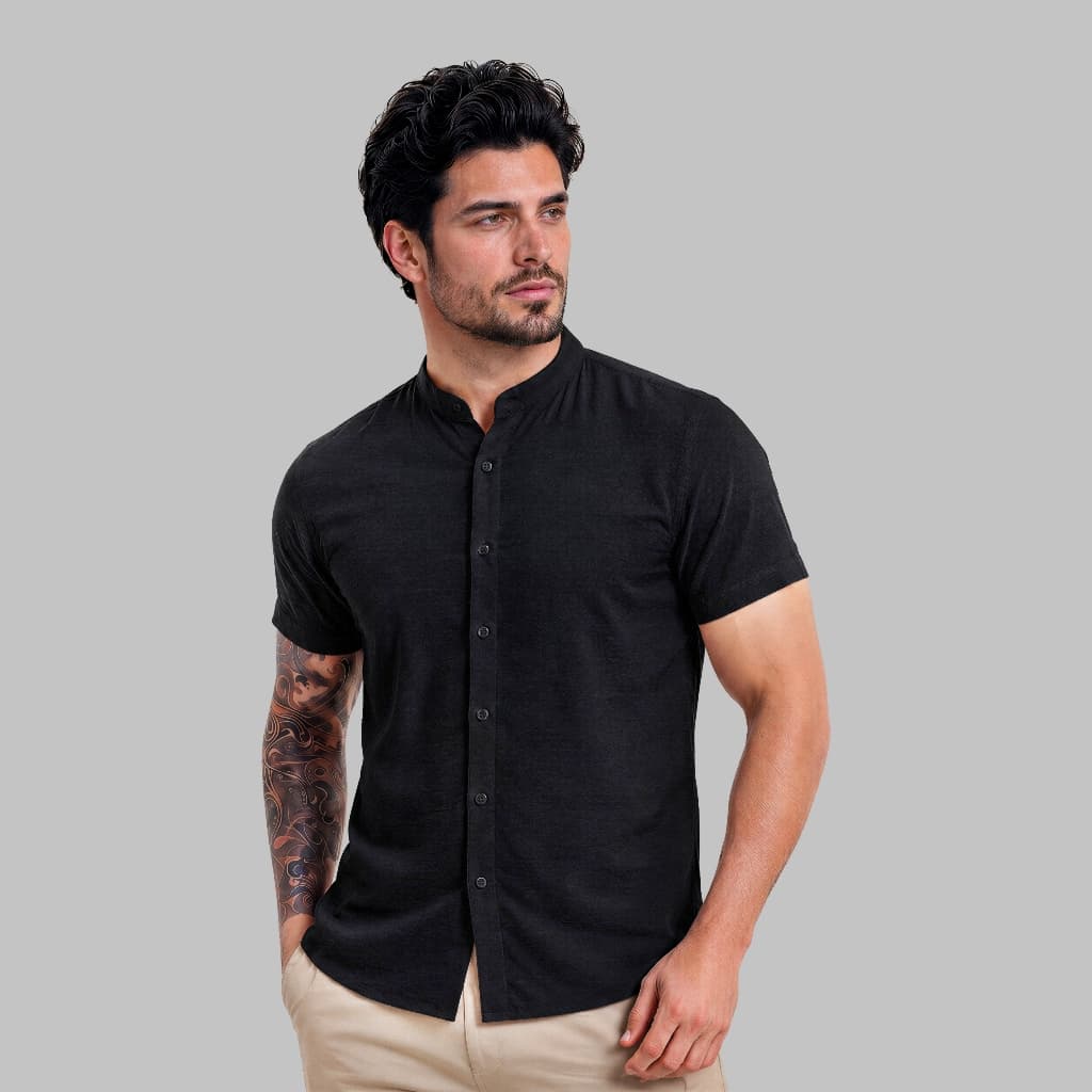 Camiseta Gola Padre Social Manga Curta Slim Algodão Masculina Blusa Básica Premium Aspecto De Linho