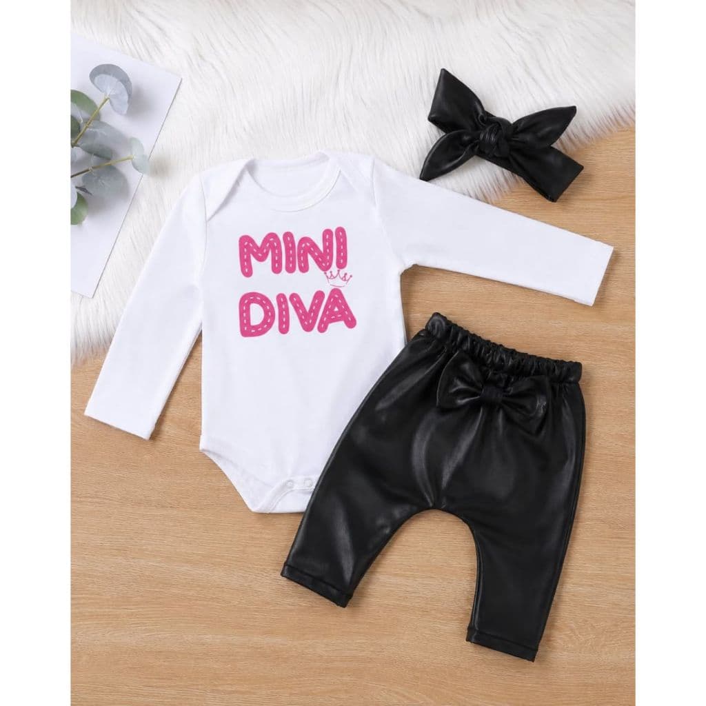 Conjunto Bebê Mini Diva Body Algodão Manga Longa Calça Cirrê Faixa Moda Menina Baby Meia Estação