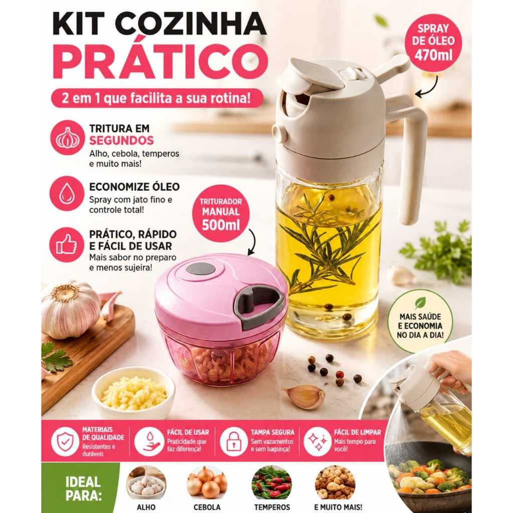 Kit Triturador de alimentos 500ml + Spray de óleo 470ml Manual Cozinha prático