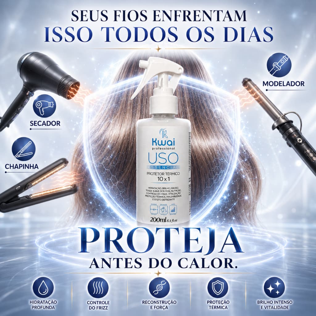 Protetor Térmico Kwai 10x1 200ml Uso Essencial Proteção Térmica Controle do Frizz Brilho e Maciez