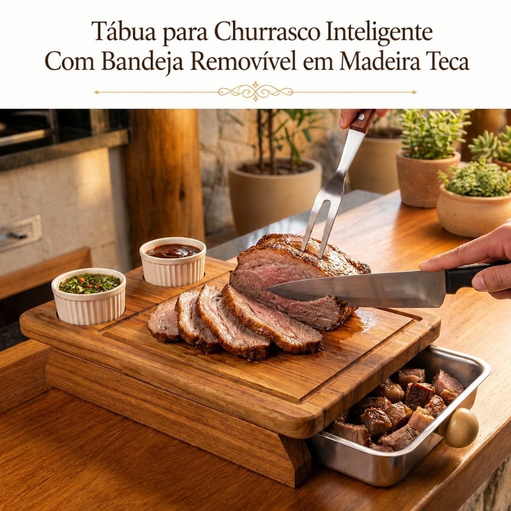Tábua para Churrasco Bandeja Removível Madeira Teca 6,5x39x23  Ideal para Churrasco Carne Molhos