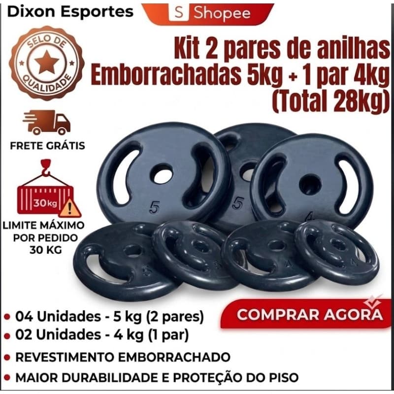 Kit Anilhas 2 Pares 5kg+1 Par 4kg Emborrachadas(Total 28kg) Academia Musculação Treinos