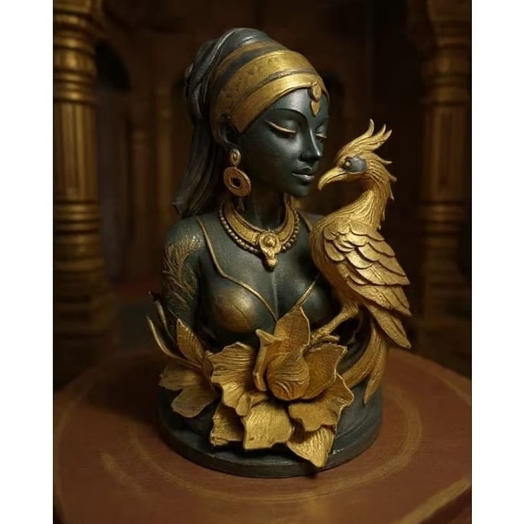 Estátua Decorativa Moça e Fênix Dourada - Pintura Artesanal Luxo - Meyker3D
