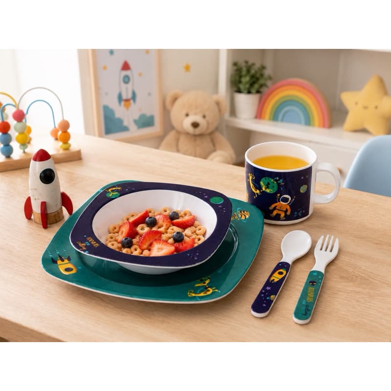 Kit Alimentação Infantil Astronauta 5 Peças Prato Bowl Copo Talheres