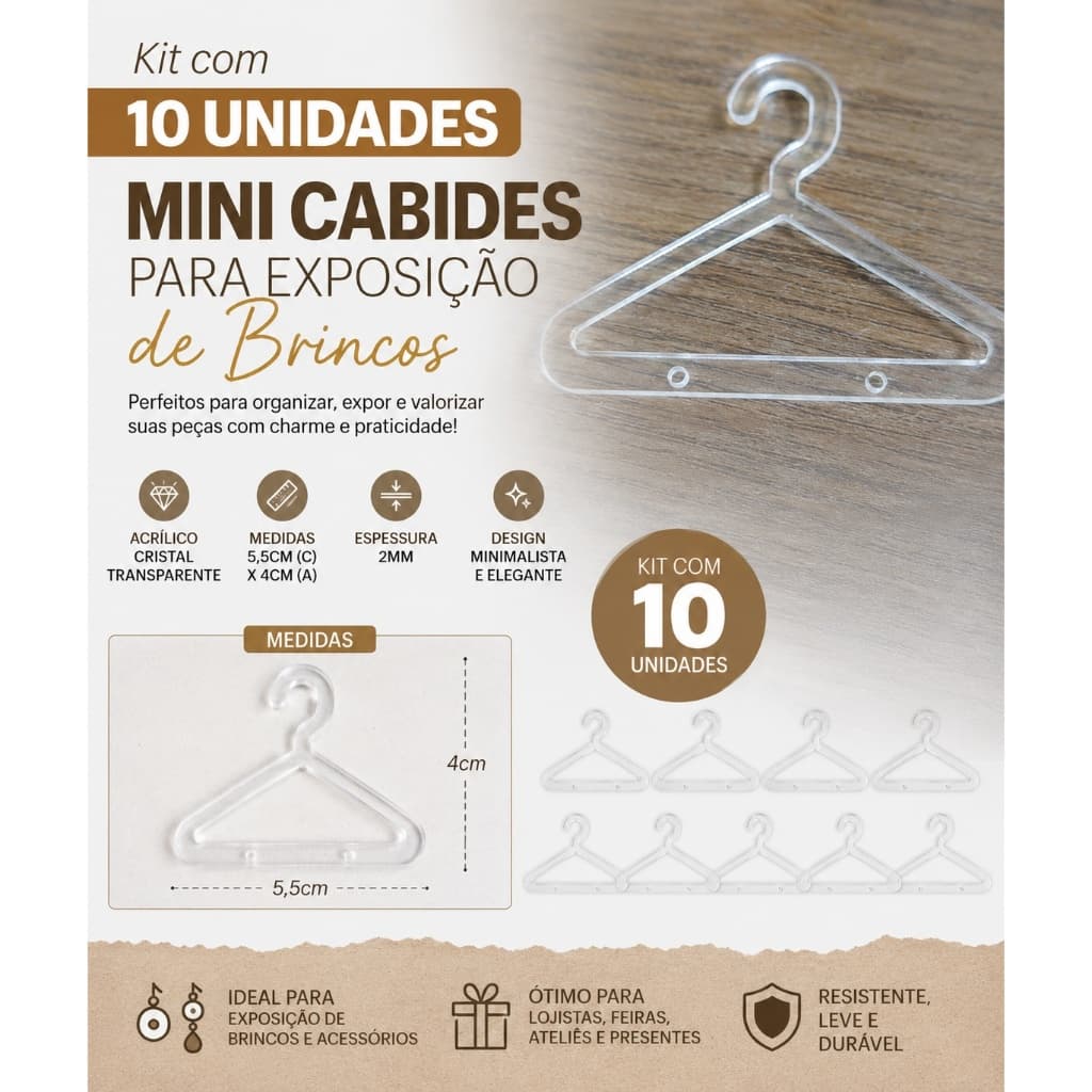 Kit com 10 Mini Cabides em Acrilico Porta Brincos Joias Decoração
