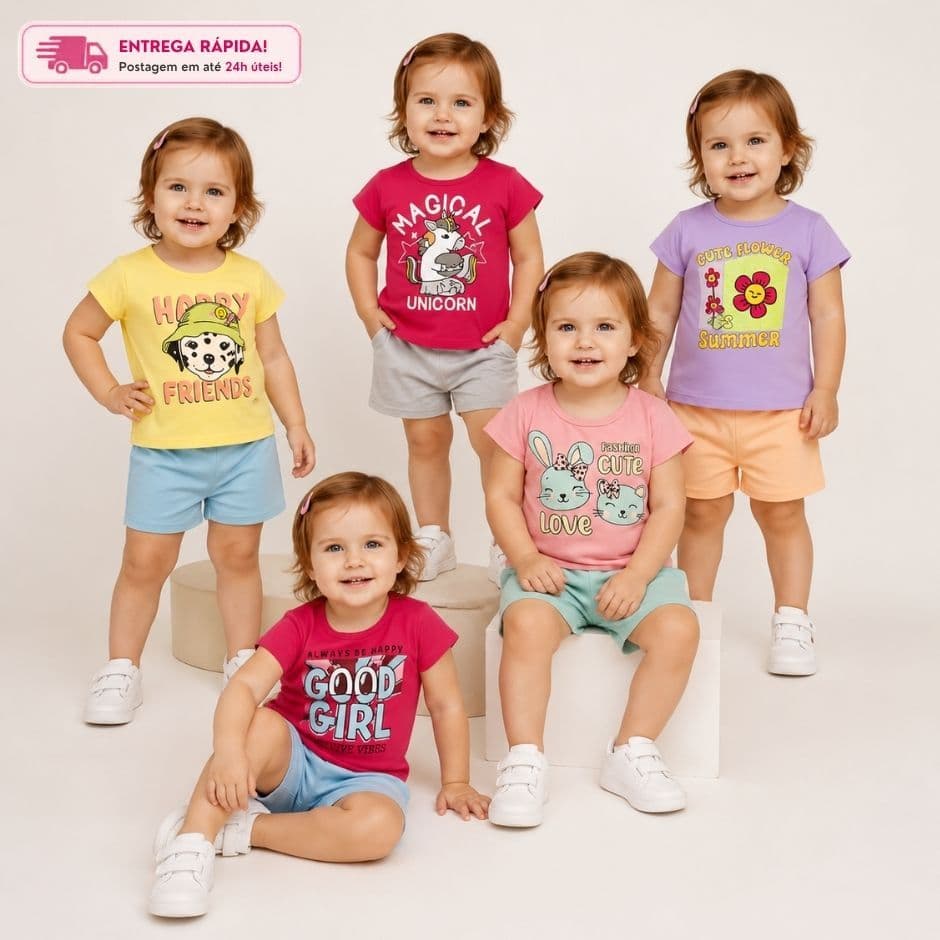 Kit 5 Conjuntos Menina Bebê Roupa Infantil Verão Creche Confortável 1 E 2 Anos