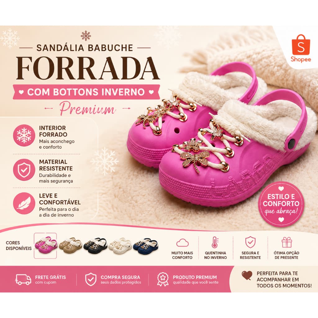 Sandalia Babuche Forrada Pantufa Premium com Bottons Inverno