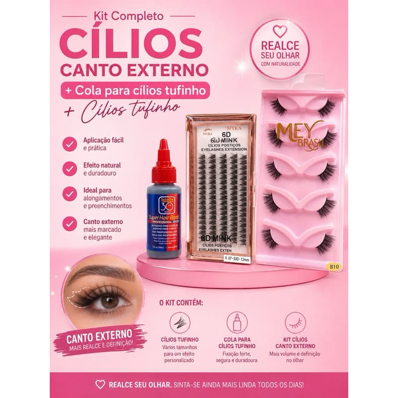 Kit Cílios Canto externo + Cola para cílios tufinho + Cílios tufinho
