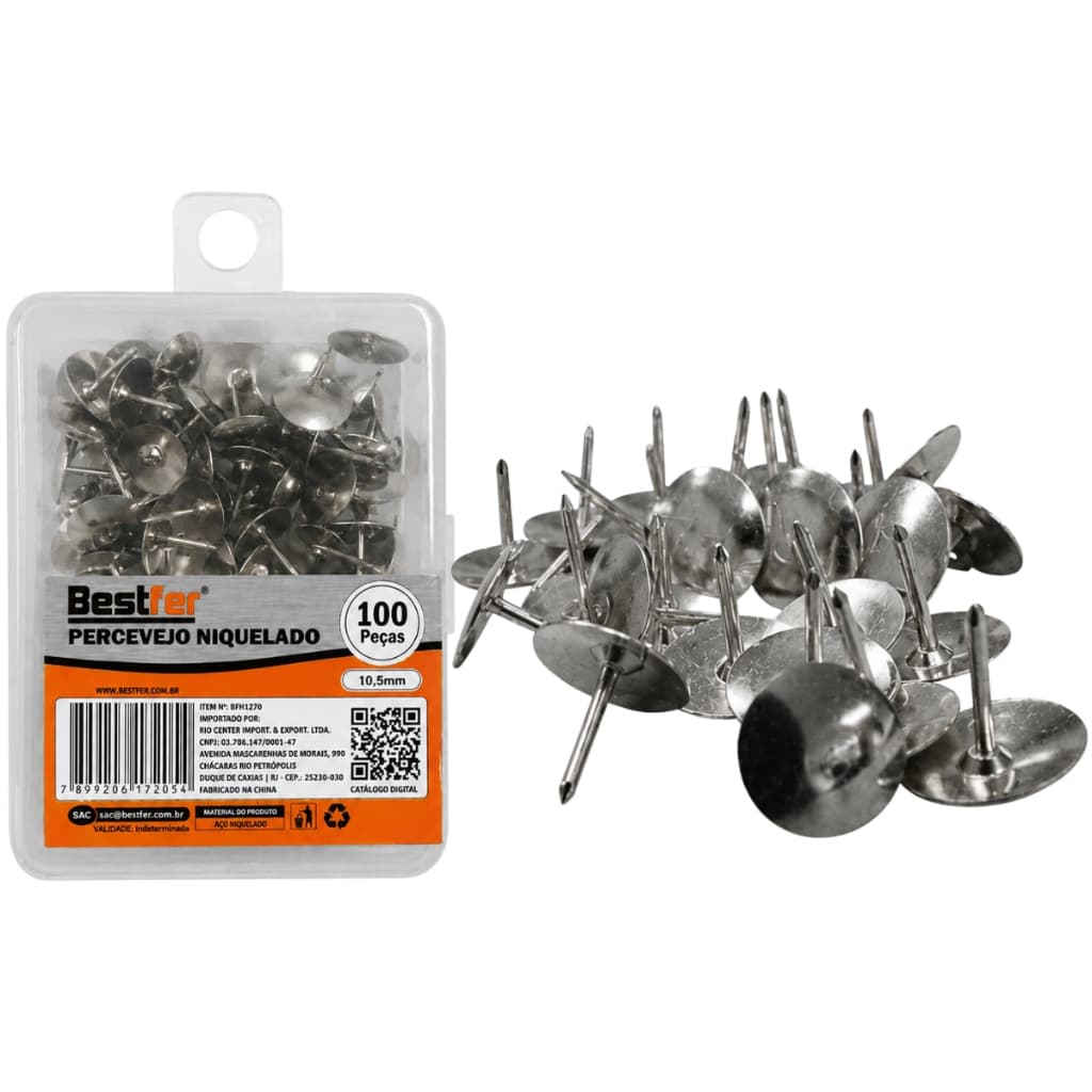 Tachinhas Percevejo em Aço Niquelado 10,5mm para Mural Quadro Cortiça 100 Unidades Bestfer