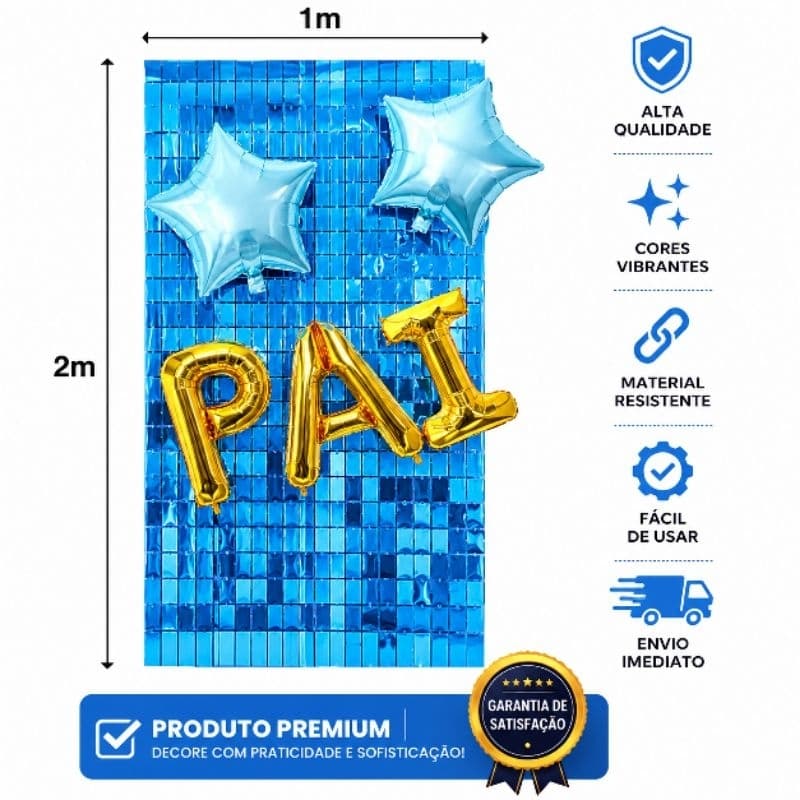 KIT Balões - LETRAS PAI + 2 ESTRELAS AZUL CLARA + CORTINA AZUL- Dia dos pais, festas e comemorações