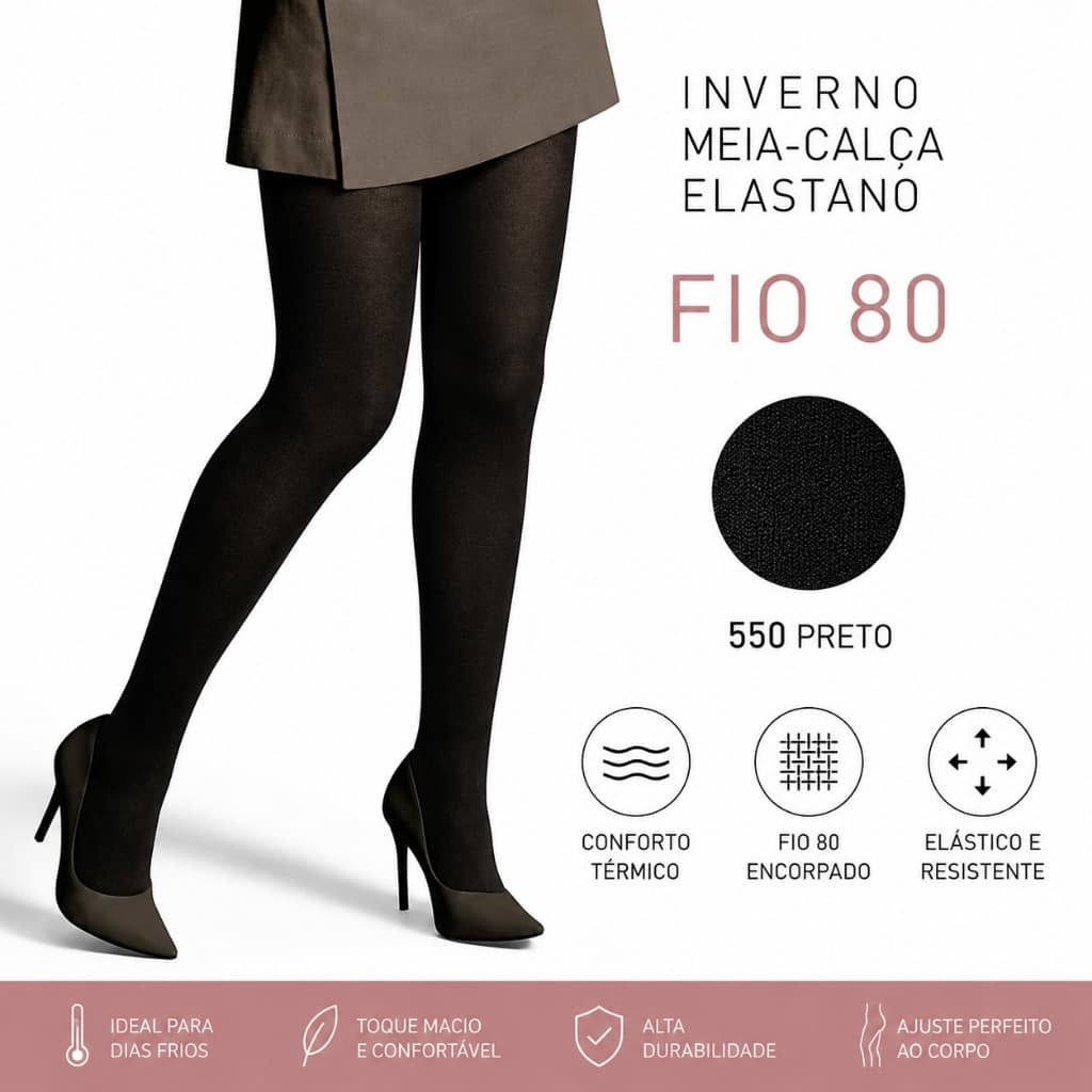 Meia Calça Selene Fio 80 Feminina Opaca Inverno Com Elastano Confortável Preta Térmica