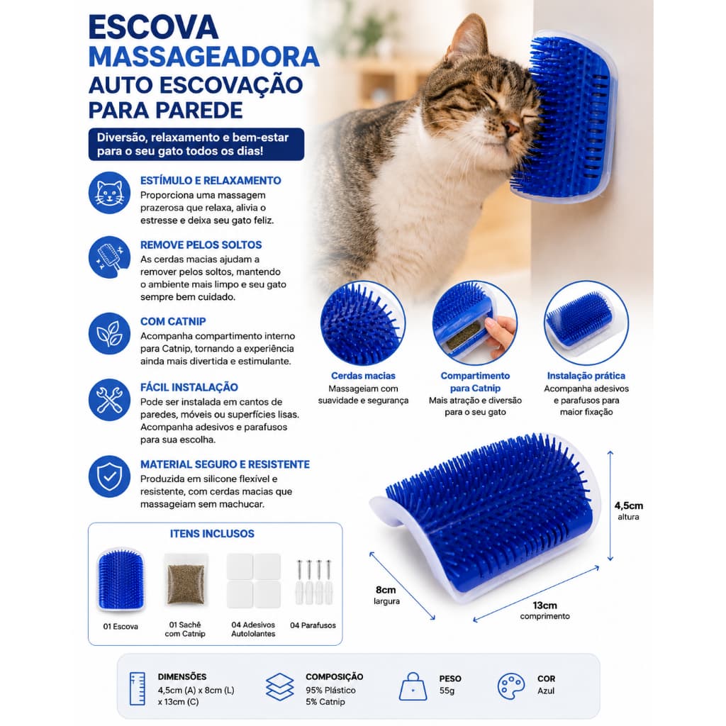 Escova Massageadora para Gatos com Catnip Auto Escovação Parede Filhotes Tira Pelos