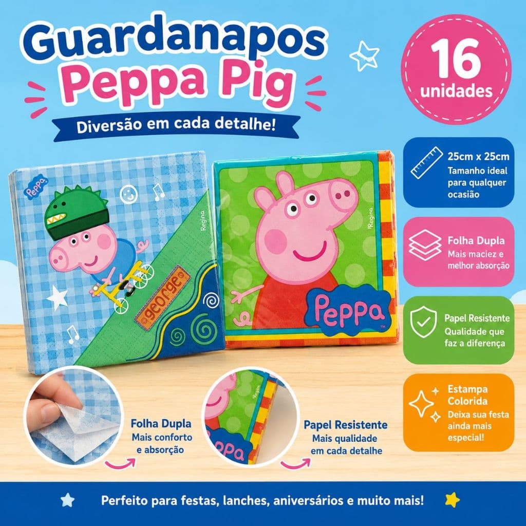Guardanapo Peppa Pig e George Pig Premium Folha Dupla - Festa Tema Peppa