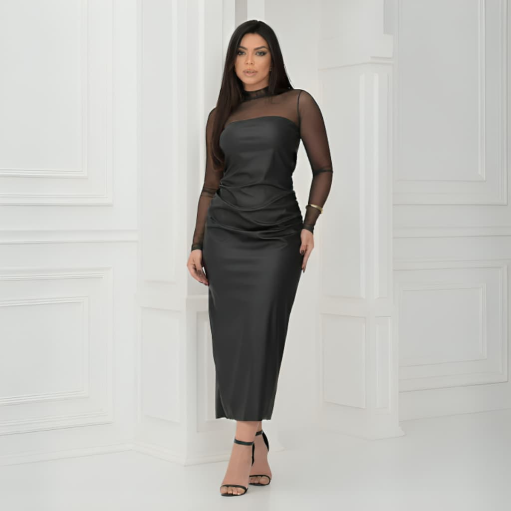Conjunto Feminino Body Tule e Vestido Longuete Tomara que Caia Couro Fake Moda Inverno