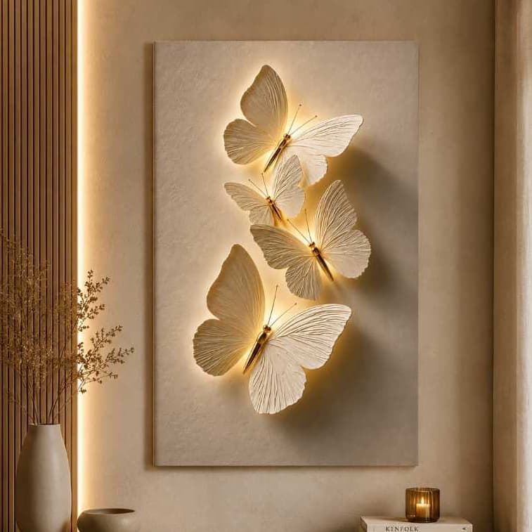 Quadro Decorativo Grande Borboletas Brancas 3D Efeito LED (Não Possui LED) Sala Quarto Luxo