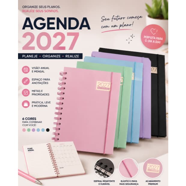 Agenda 2027 Capa Dura Lisa Tamanho A5 e A6 Espiral Com Marca Páginas Diversas Cores