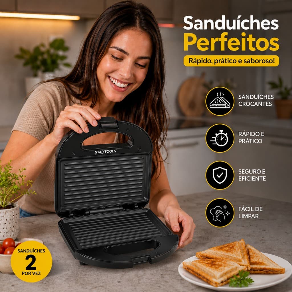 Sanduicheira Elétrica Grill Antiaderente 2 em 1 Faz Sanduíches, Alta Potência 750W 127V
