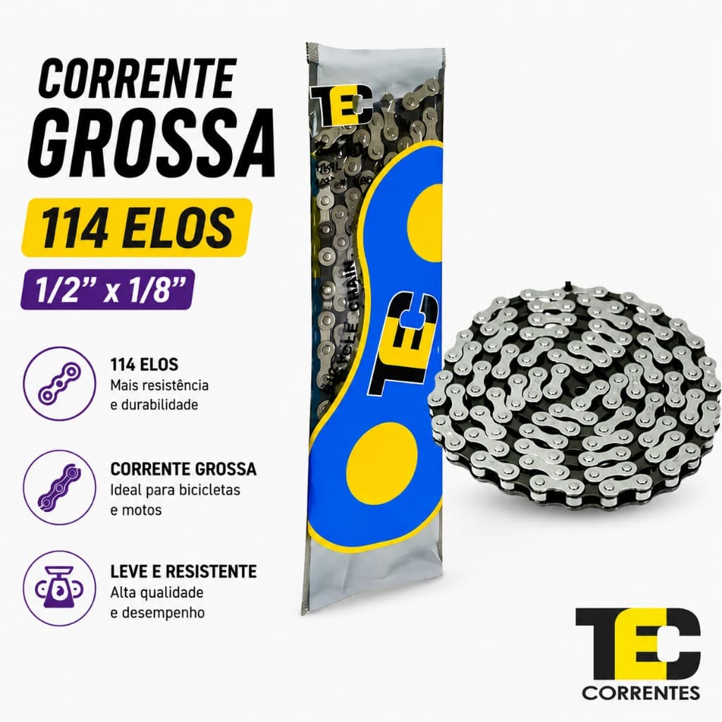 Corrente Grossa Para Bicicleta Bike Sem Marcha 114 Elos Tec Mtb Poti Bmx Barra Forte