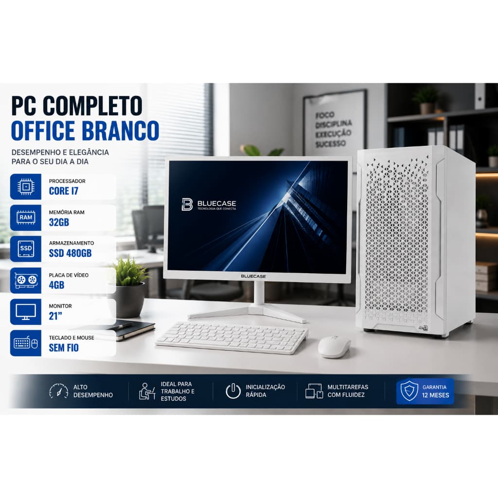 PC Completo Office Branco, Core I7, 32gb, SSD 480GB, GTX 4gb, Monitor 21", Teclado e Mouse s/ Fio