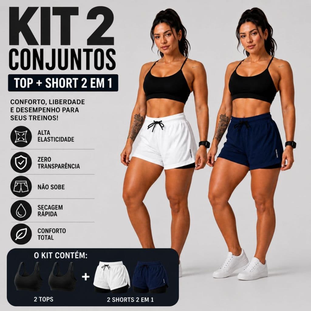 Kit 2 Conjuntos TOP + SHORT 2 em 1 Feminino Corrida Academia Zero Transparência