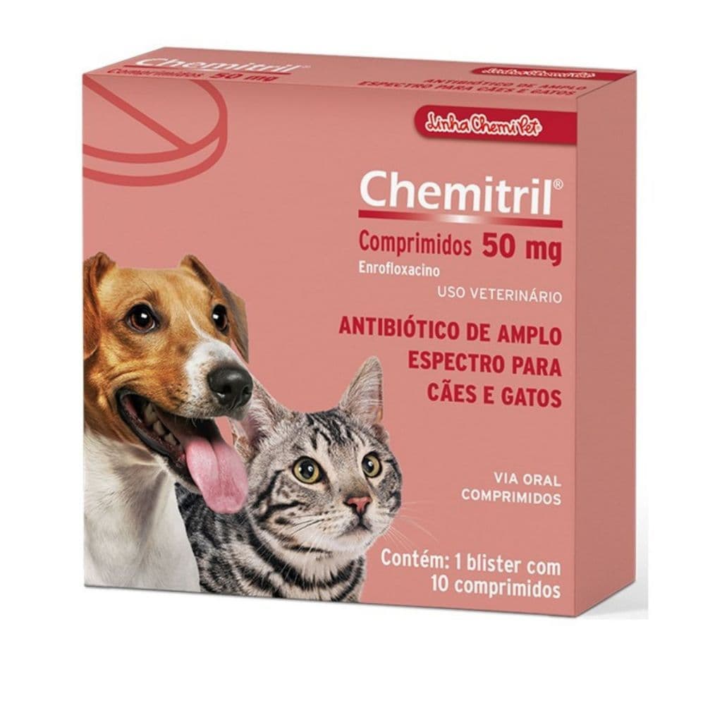 Chemitril 50mg Chemitec Antibiótico Enrofloxacina para Cães e Gatos - 10 Comprimidos