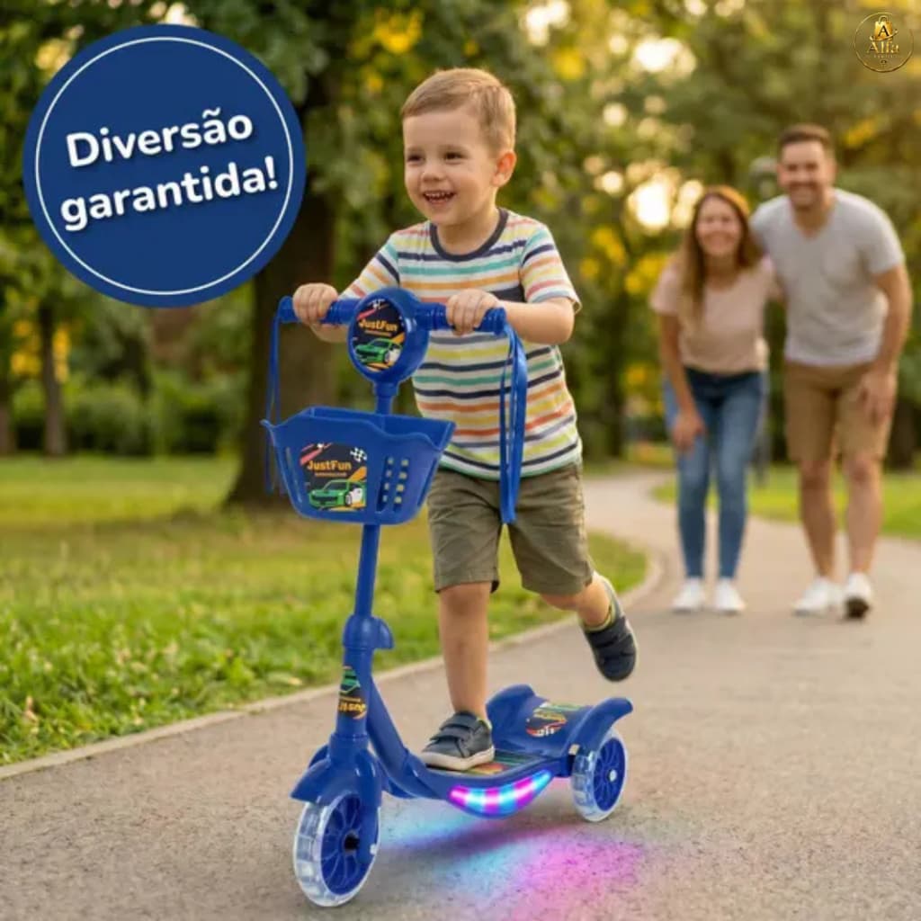 Patinete Infantil Azul Dobrável 3 Rodas Com Som Luz Cestinha Menino Até 35kg com Freio