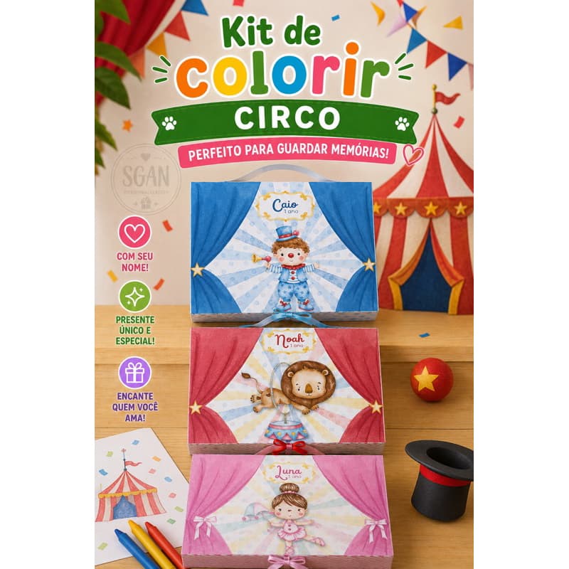 Kit de Colorir na Maletinha Circo – Lembrancinha para Festa Infantil Vermelho - Azul - Rosa