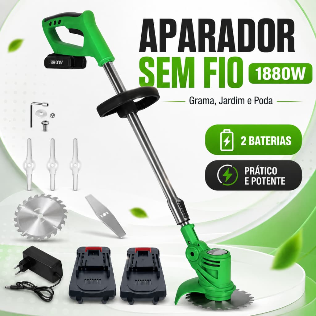 Aparador De Grama Sem Fio 1880W Recarregável 2 Baterias Carregador Bivolt Jardim