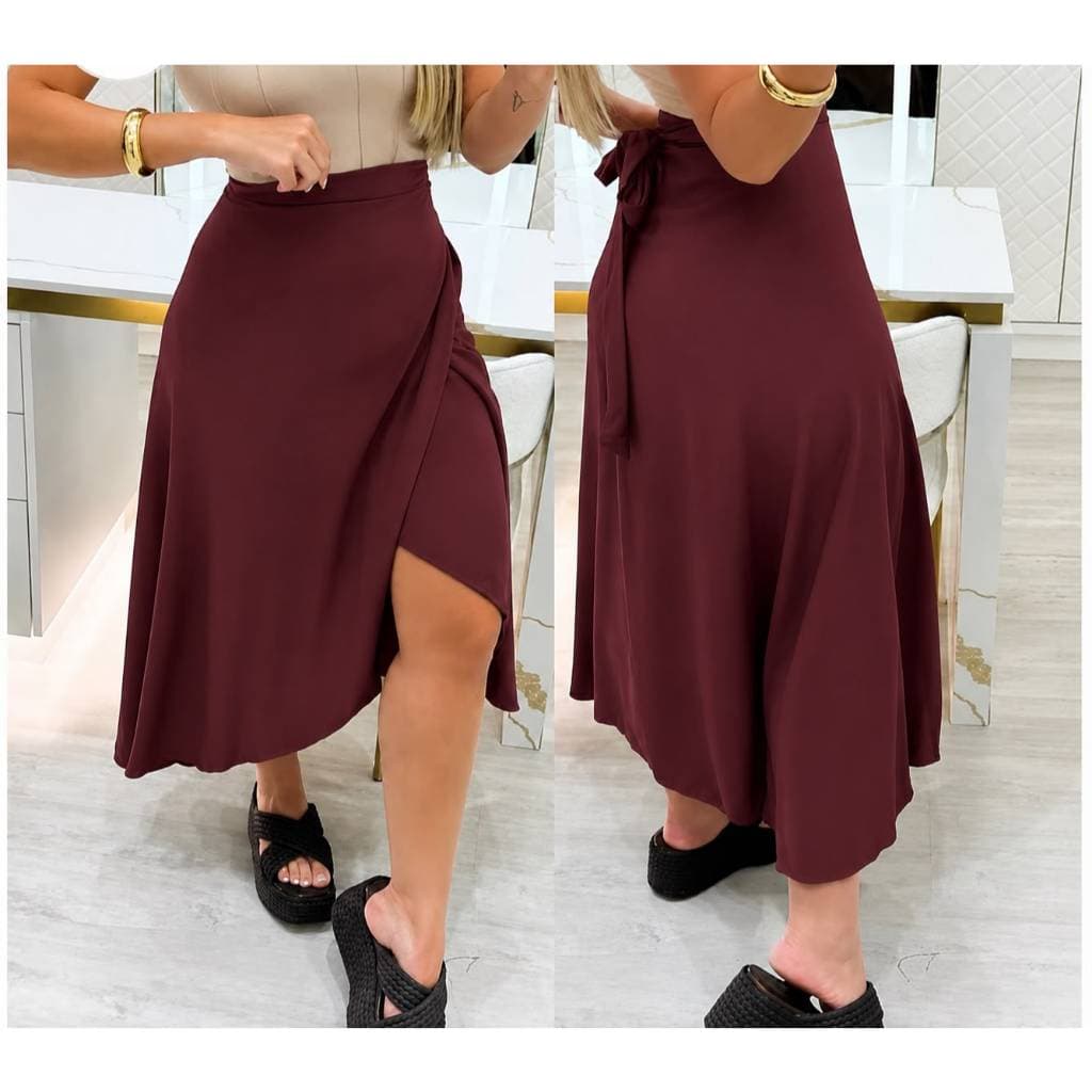 Saia Envelope Feminina Transpassada De Amarrar Cintura Alta Elegante