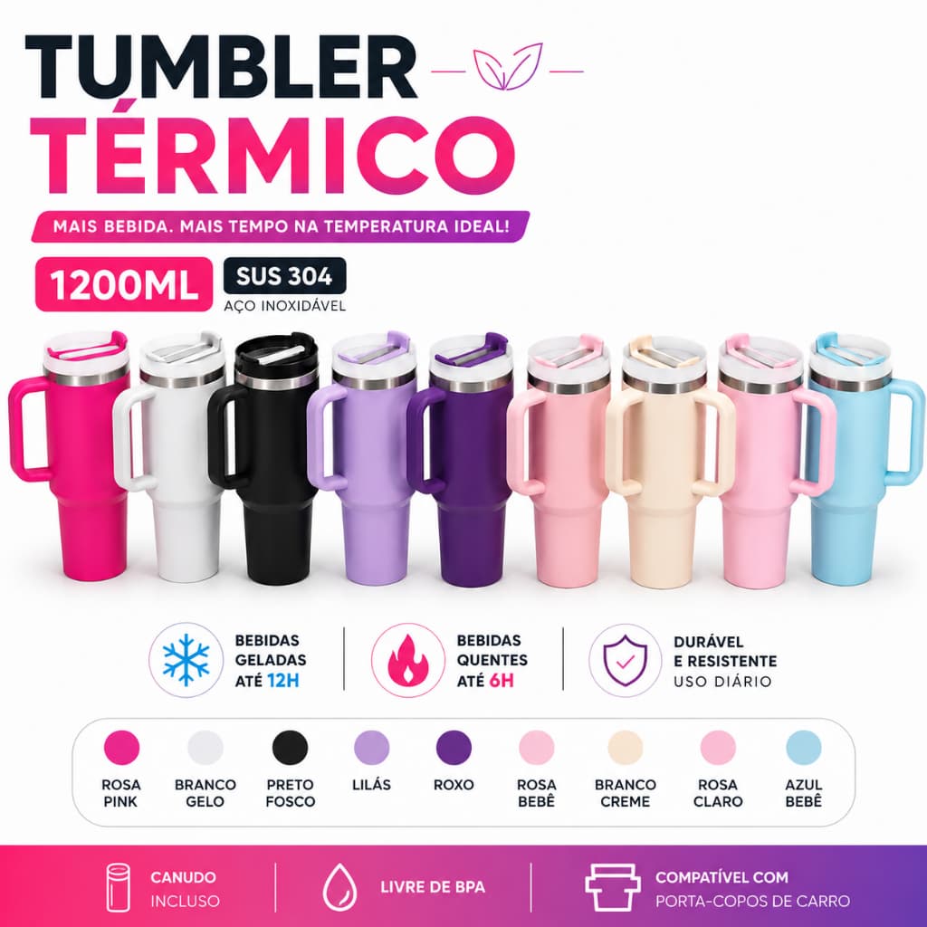 Copo Térmico Tumbler 1200ml SUS 304 Com Canudo e Alça Premium