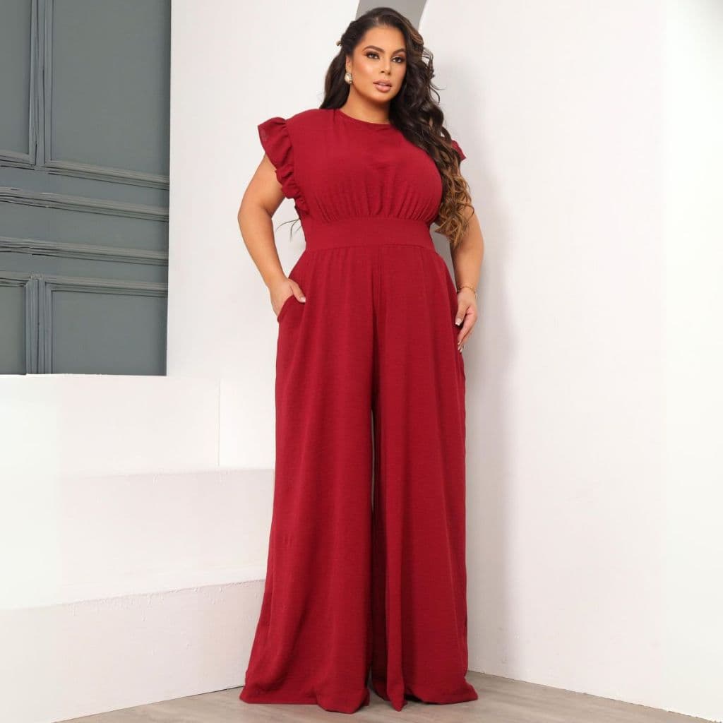 Macacão Feminino Pantalona Longo Social Elegante Gola Redonda Manga Curta Babado Amarração Acinturado Casual Chic