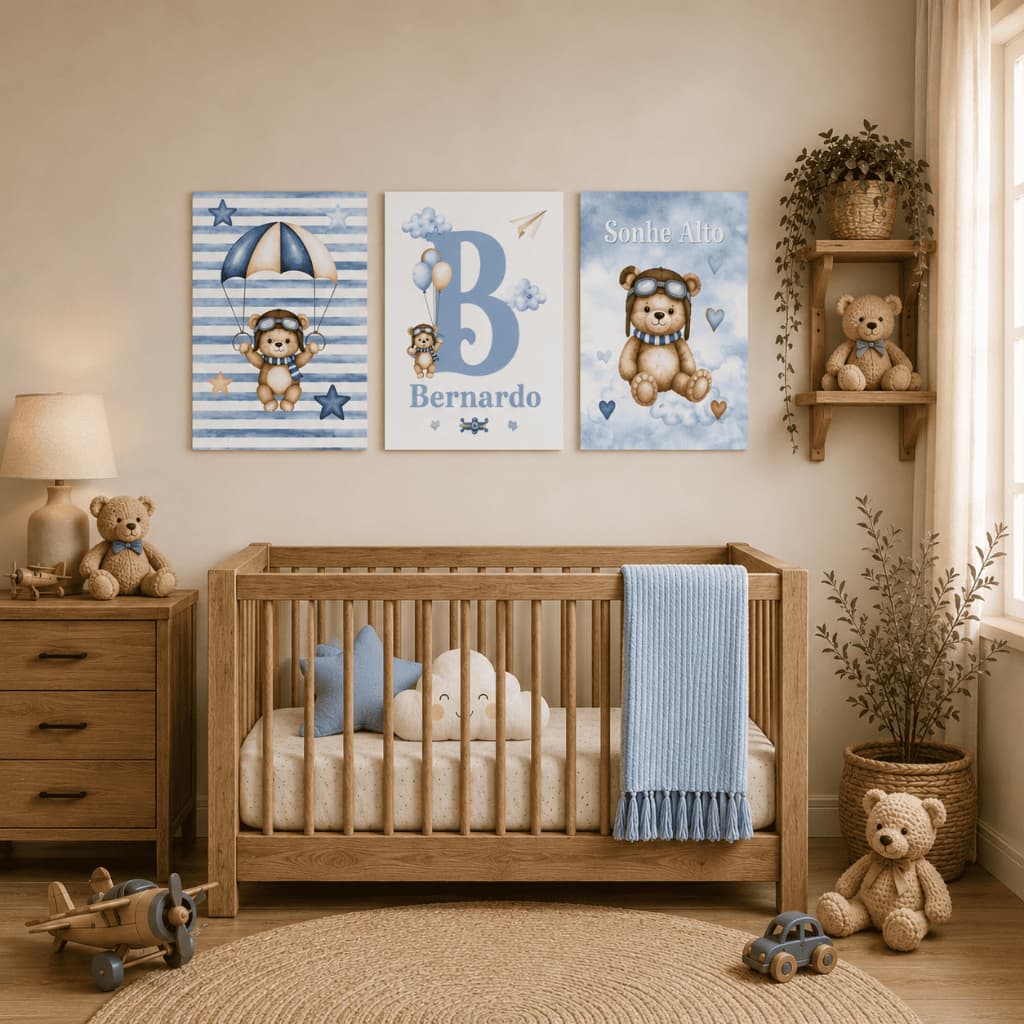 Kit Plaquinha Quadrinho Ursinho Aviador Mdf Personalizado Nome Bebê