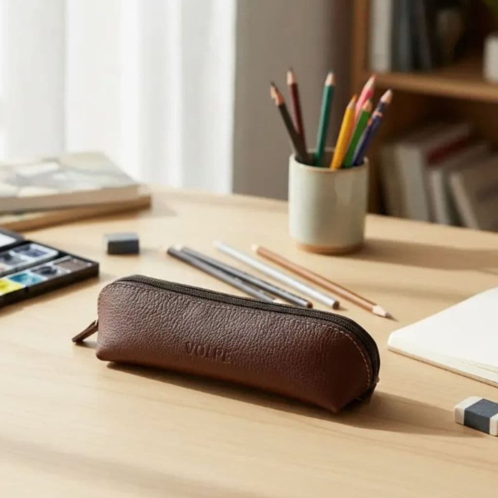 Estojo Couro Legítimo Marca Volpe Compacto Para Lápis E Canetas Escolar