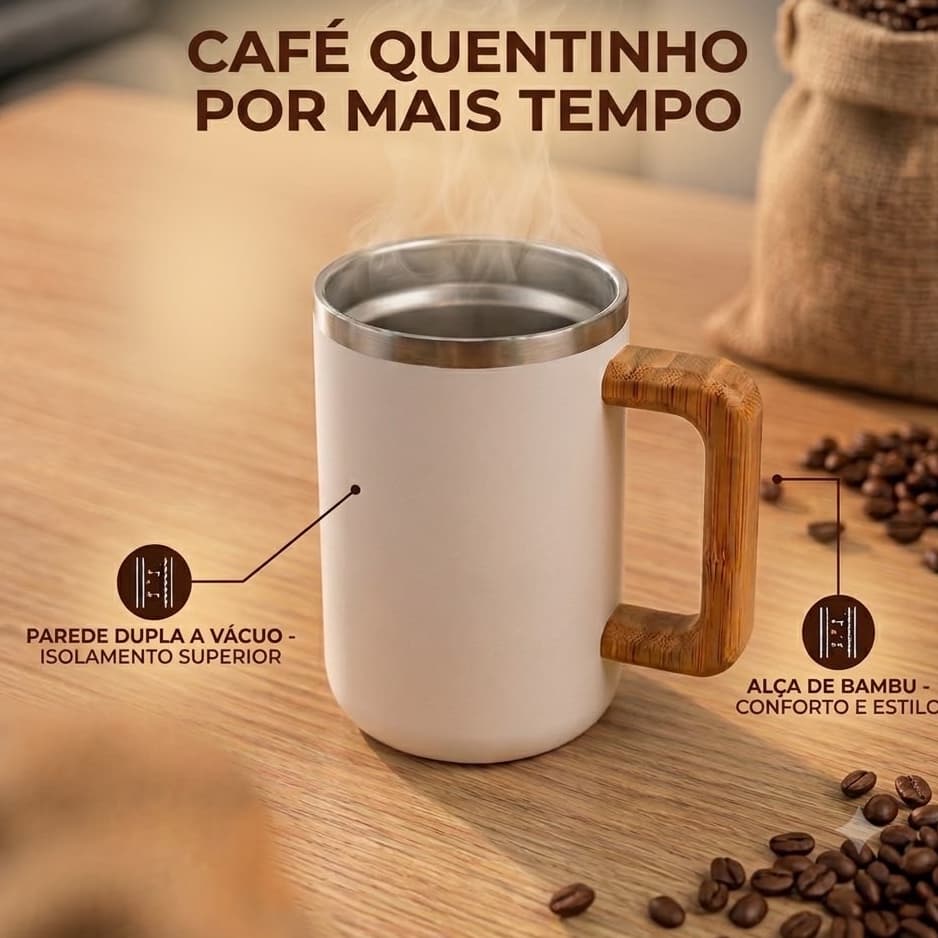 Caneca Térmica Para Café em Inox 400ml Parede Dupla Com Alça De Bambu Chá Bebidas Quentes E Frias