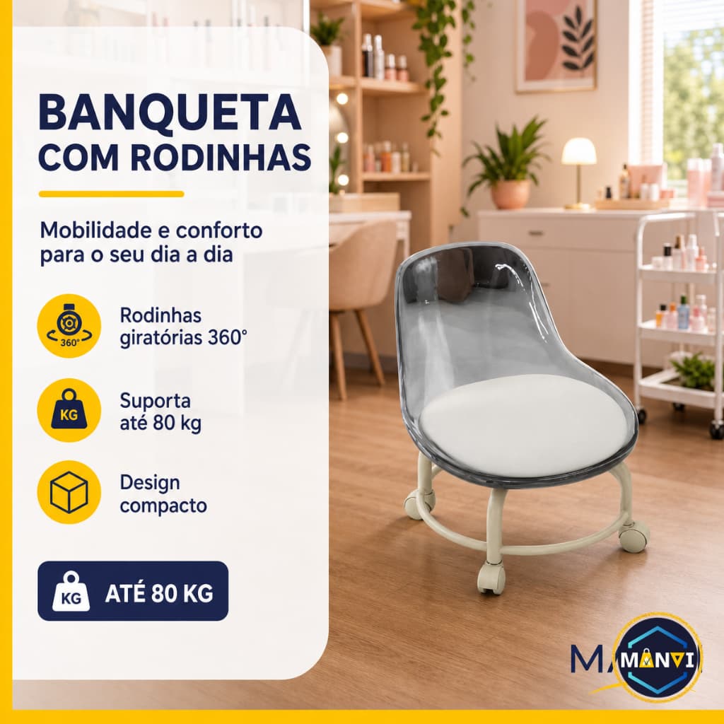 Banqueta Baixa Mocho Base Giratória Rodinhas Até 80kg com Encosto Estética Salão Pedicure Manicure