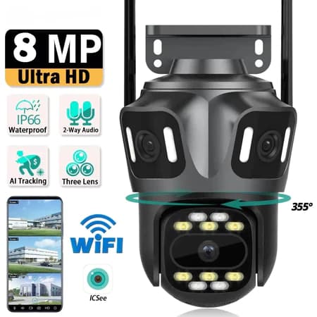 Câmera De Segurança 3 Lentes Wi-Fi 8K Full HD 360° IP66 Com Sirene Visão Noturna Externa Microfone-P15-SP3