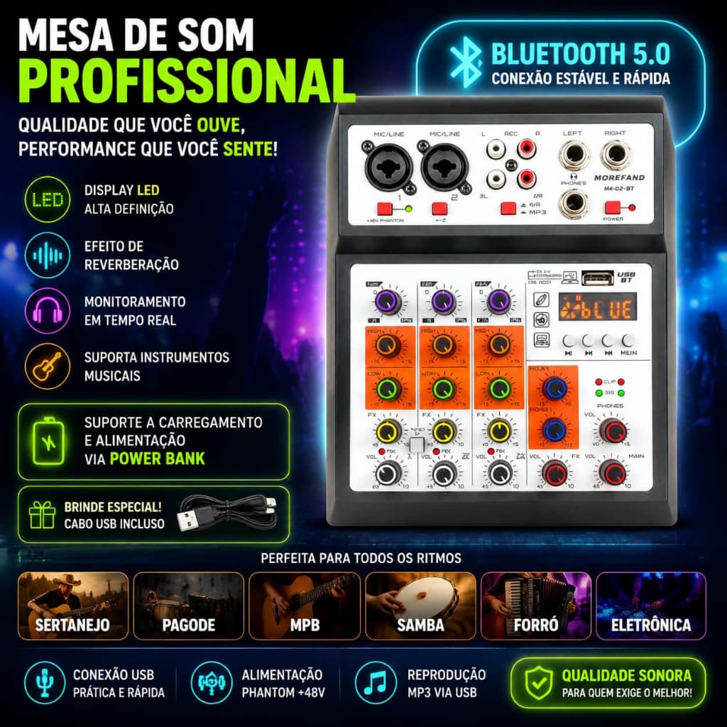 Mesa de Som Profissional MOREFAND  Bluetooth 5.0 USB Gravação Phantom 48V Portátil Sertanejo Pagode